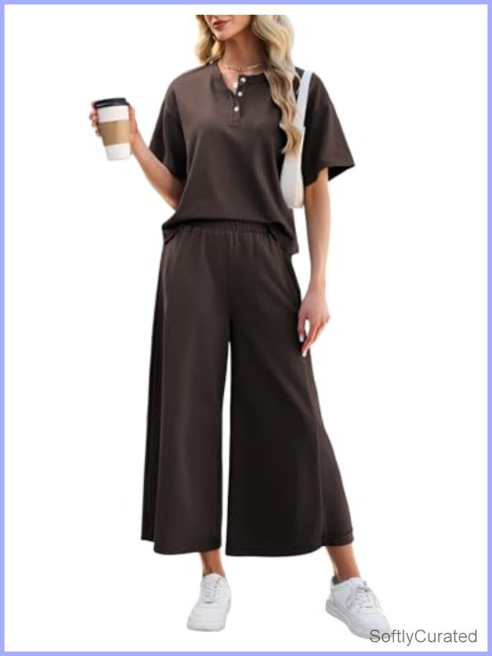 Women's Short Sleeve Henley Top Wide Leg Pants Loungewear Set Tracksuit